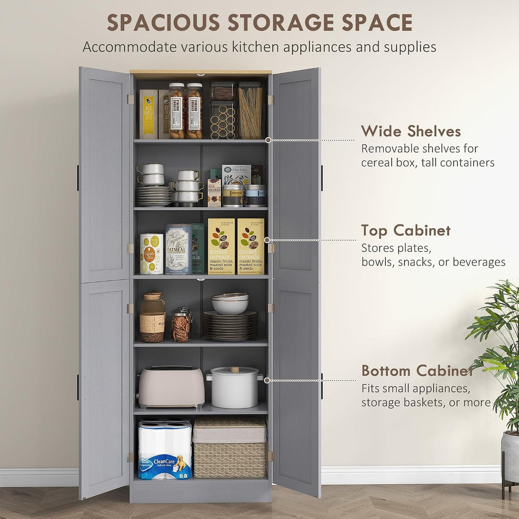 HOMCOM 67" Freestanding Kitchen Pantry 4-Door Cabinet Distressed Gray | Storage Organizer, Adjustable Shelves, Pantry Cabinet with Doors