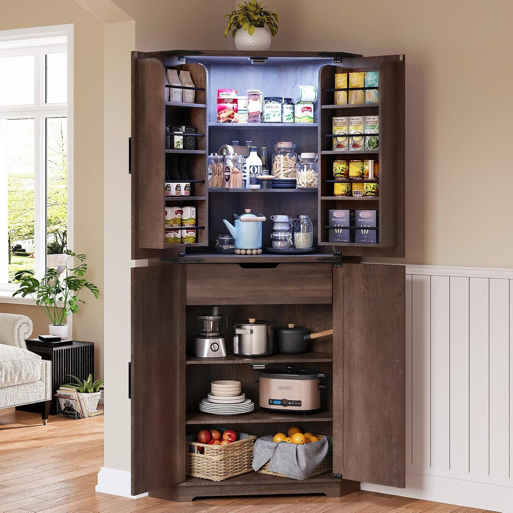 Dripex 71" Corner Cabinet Brown, Farmhouse Kitchen Pantry Cabinet with D...