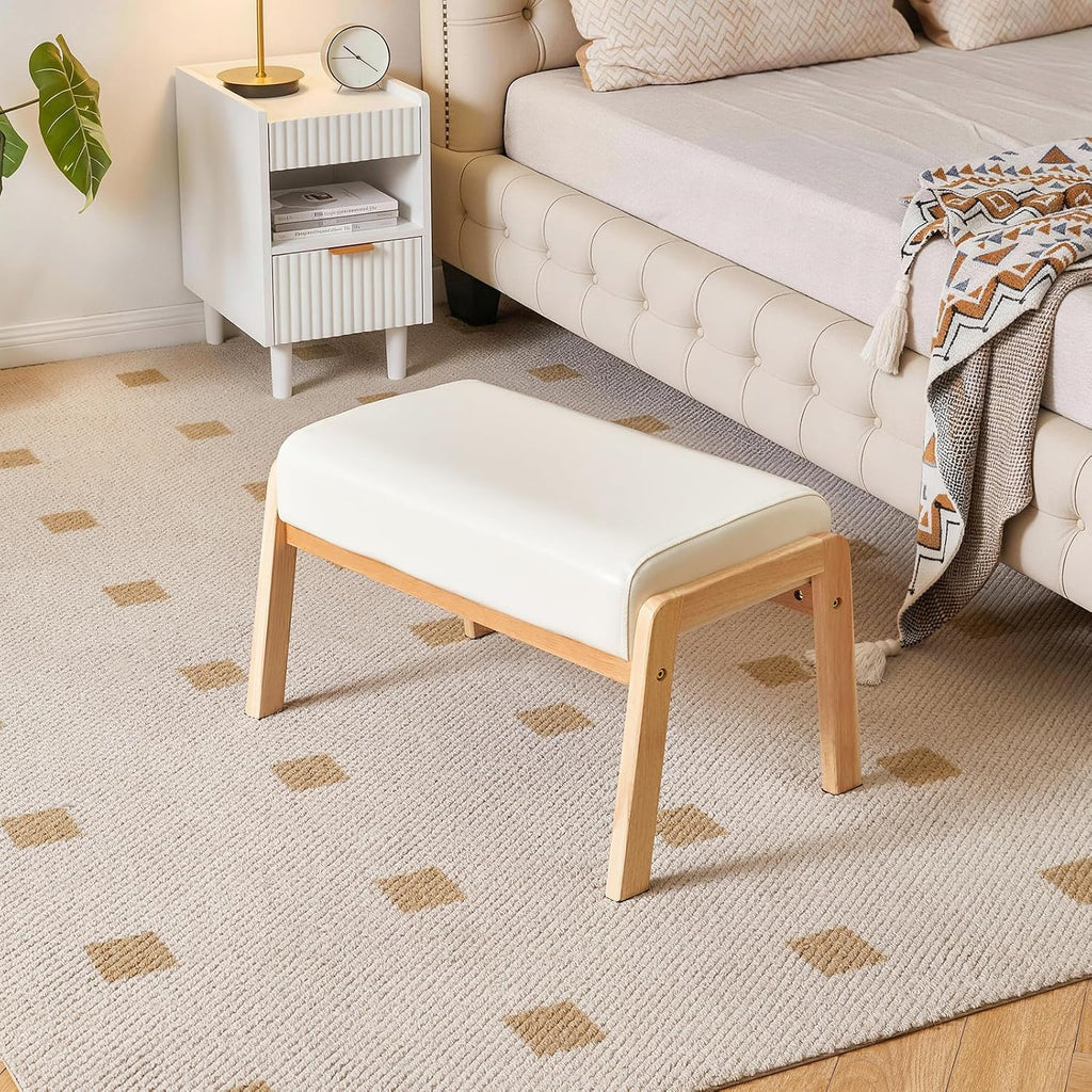 IBUYKE 14.2” H Large Foot Stool Ottoman, Rectangle PU Faux Leather Foot Rest with Padded Seat and Wood Legs, Modern Ottoman Foot Rest for Accent Chair Living Room Bedroom Couch Office, White WBD031W
