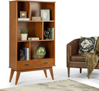 SIMPLIHOME Draper Bookcase - 64 inch Tall Solid Hardwood Wide Storage Bookshelf in Teak Brown, Mid-Century Modern Storage for Living Room, Study Room or Office with Adjustable Shelves and Tapered Legs