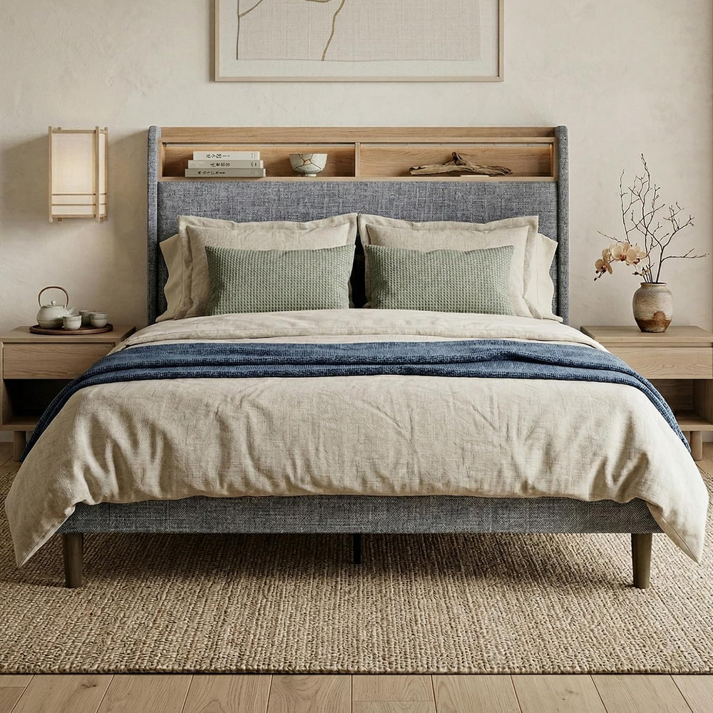 Queen Size Upholstered Bookcase Bed Frame, 51.8-Inch Headboard, Grey