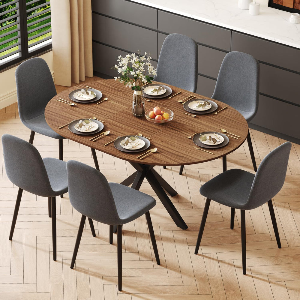 Round Dining Table Set for 6, 43-59" Extendable Dining Room Table Set, W...
