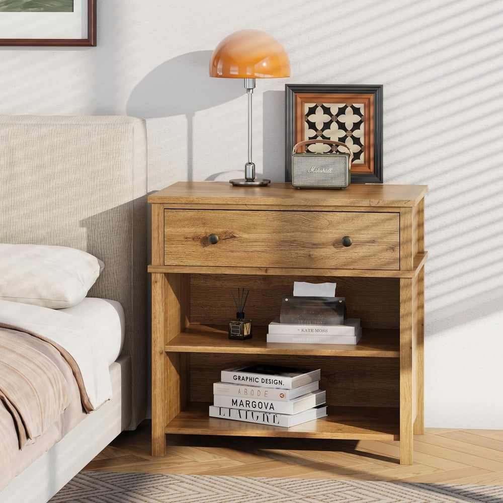 End Table with Drawer and 2 Tier Shelves, Wood Sofa Side Table for Living Roo...