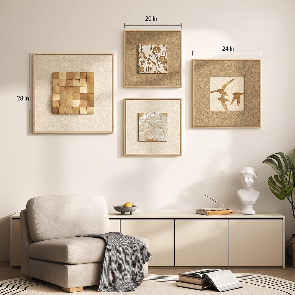 Large Framed 3D Textured Wood Wall Art 4 for Living Room, Neutral Set of 4