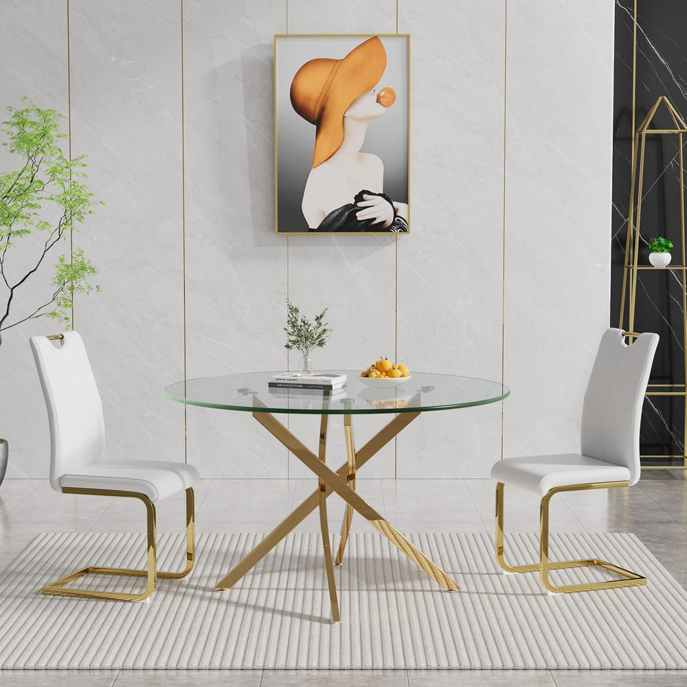 HomVent 3Pcs Round Glass Dining Table Set for 2 with 2 White Leather Chairs |...