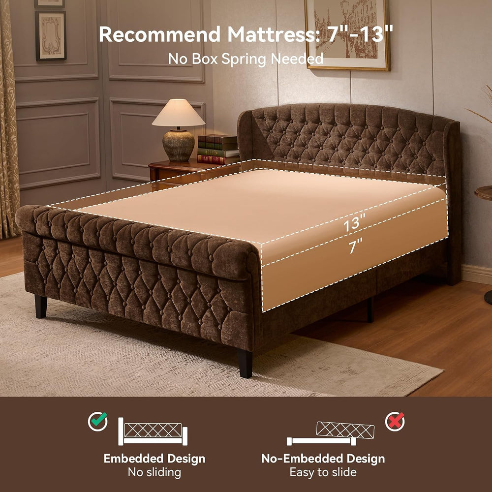 BedsPick Brown Upholstered Queen Bed Frame with 42" Wingback Headboard, ...