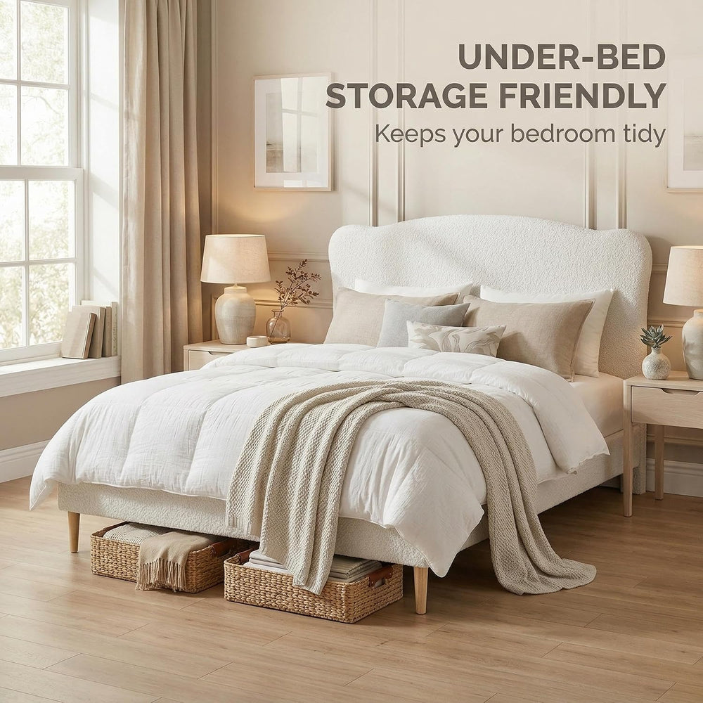 Garvee Bouclé Queen Size Bed Frame with Upholstered Headboard, Beige