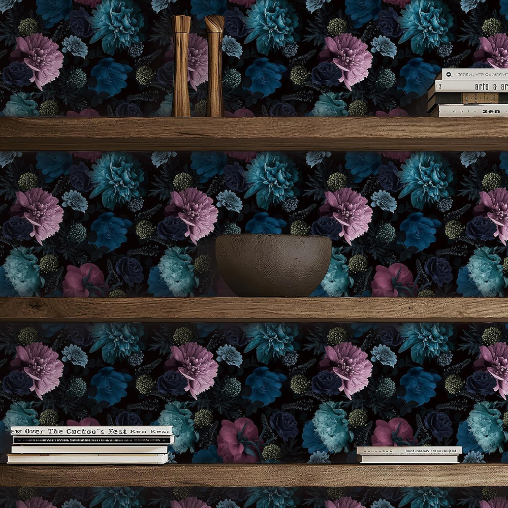 Livelynine 17.5x591" Black Floral Wallpaper Peel and Stick Moody Dark Vi...
