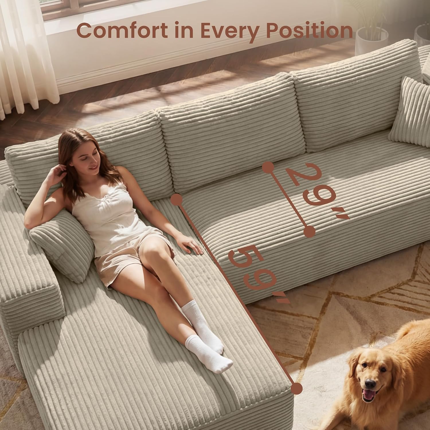 107" Oversized Boneless Couch, Left-Facing Modular Sectional Sofa | All Foam Floor Sofa with Deep Seat Chaise, Fluffy Corduroy Modern Couch No Assembly, Flexible Combination for Home | Oatmeal