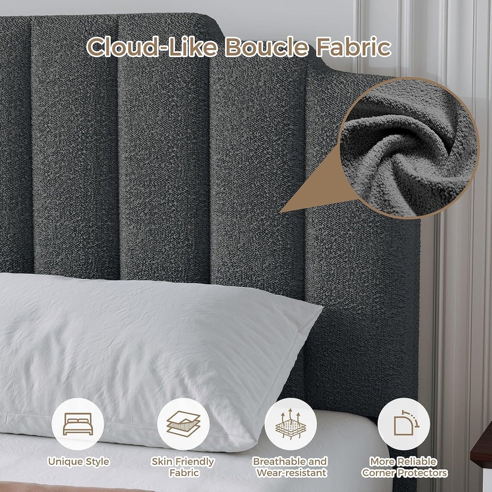 Queen Size Bed Frame with Adjustable Headboard, Grey Boucle Bed Frame