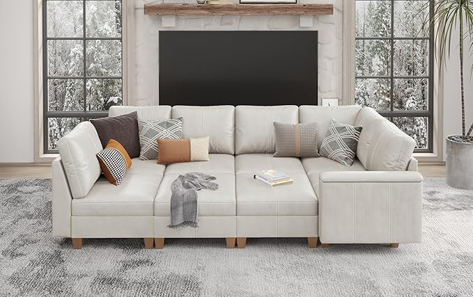 SITJOY 118" Faux Leather Modular Sectional Sofa with Storage, Mid Century Modern Sectional Couches for Living Room, 6 Seater V Shaped Couch with Chaise, Greige