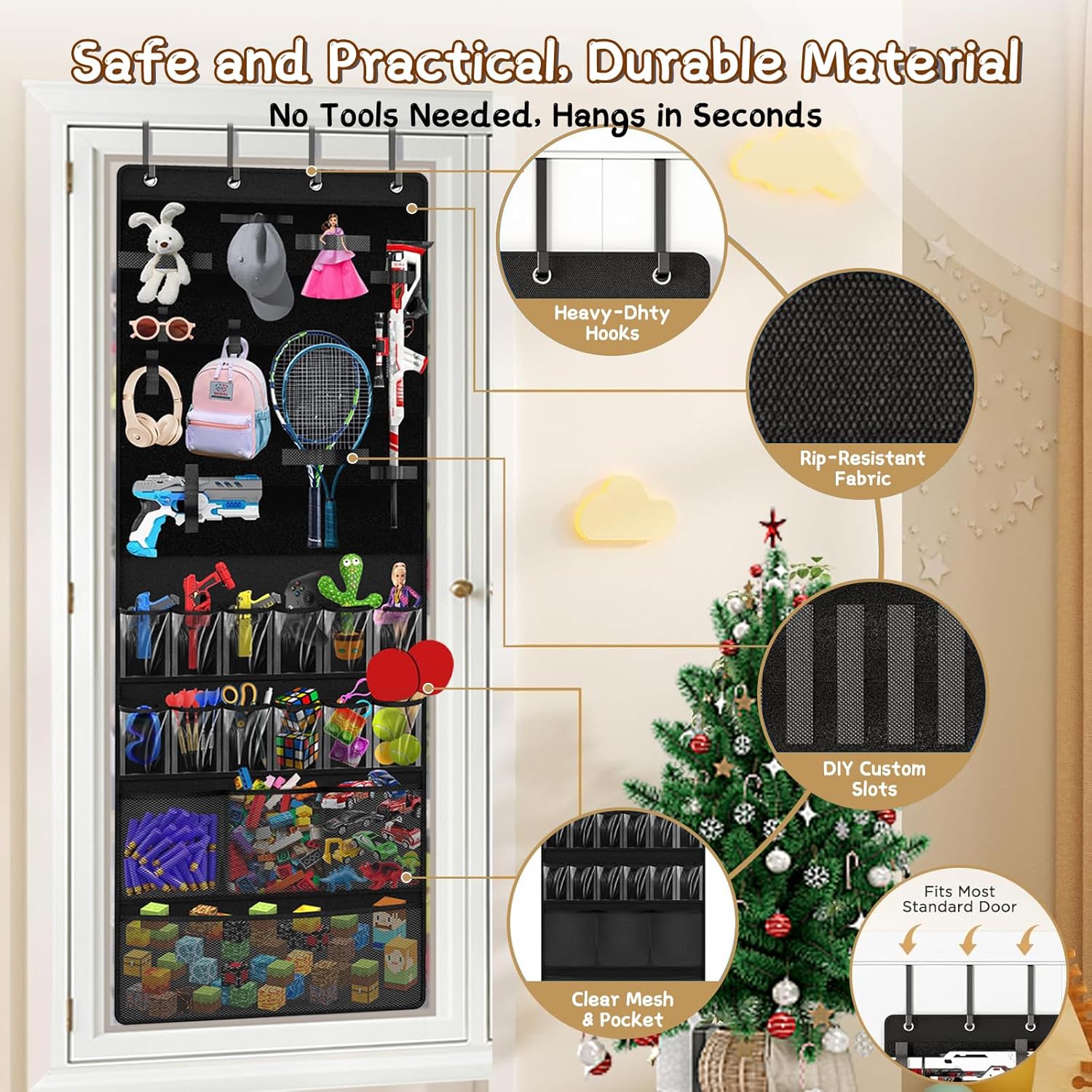 Over the Door Organizer for Building Blocks, Kids Toys Storage with Pockets and Slots for Stuffed Animal, Foam Blasters, Darts, Door Organizer hanging for Toys Storage, Kids Game Rooms
