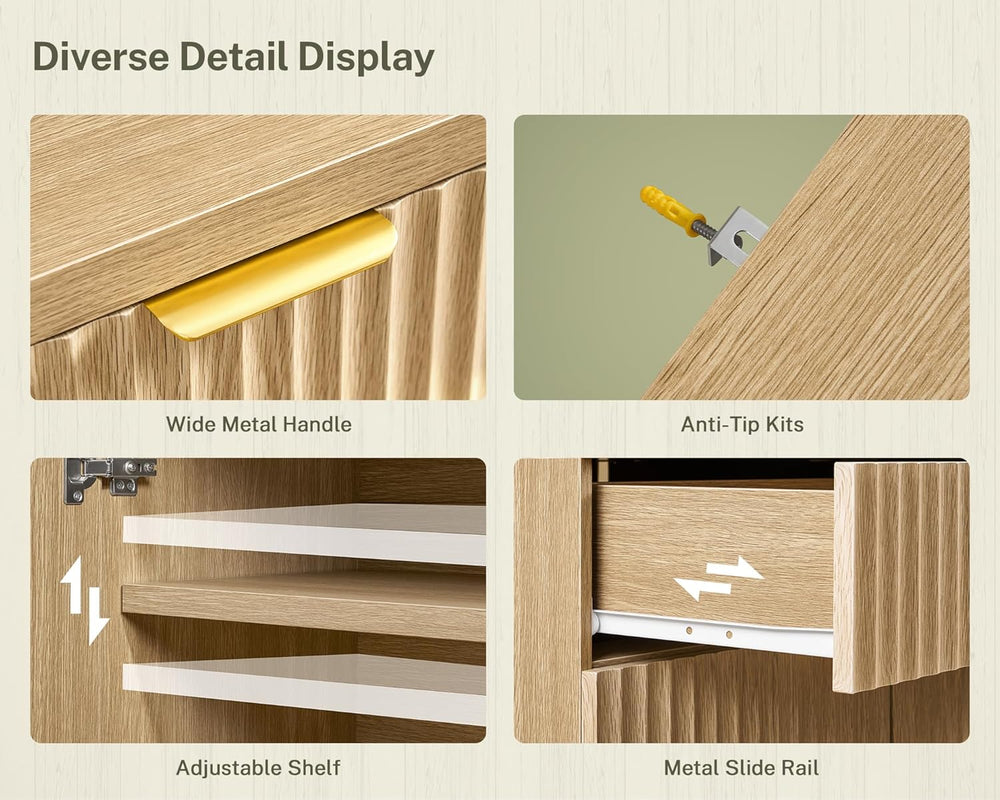 TEENFON Fluted Buffet Cabinet with Storage, 63" Sideboard Cabinet, Coffe...