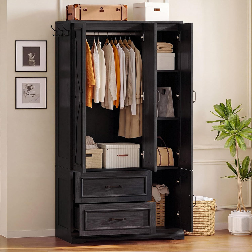 LIKIMIO Armoire Wardrobe Closet with 4 Doors and Drawers, Black