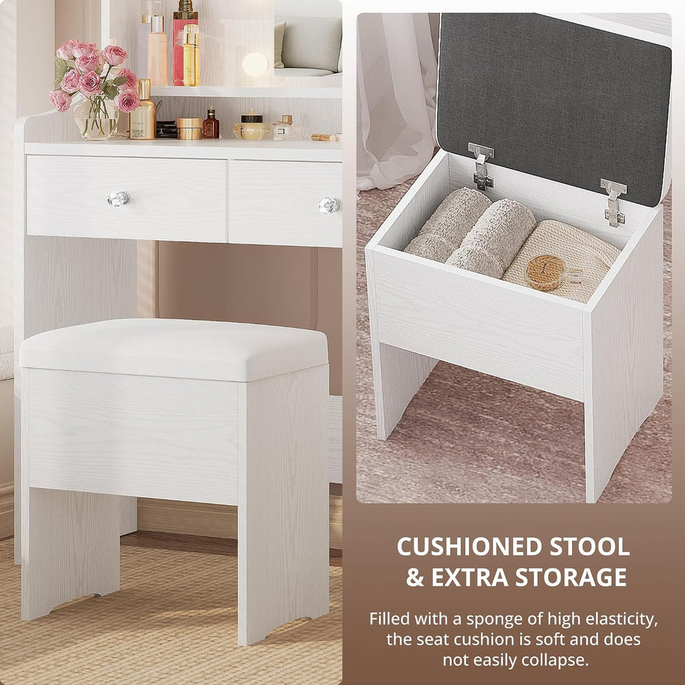 LIKIMIO Vanity Desk with Mirror Lights and Storage Stool, White | Vanity Tabl...