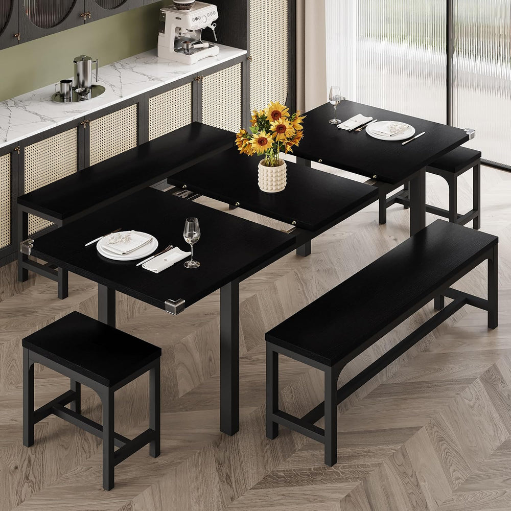 iPormis Extendable Dining Table Set for 4 6 8, Black Kitchen Table with 2 Ben...