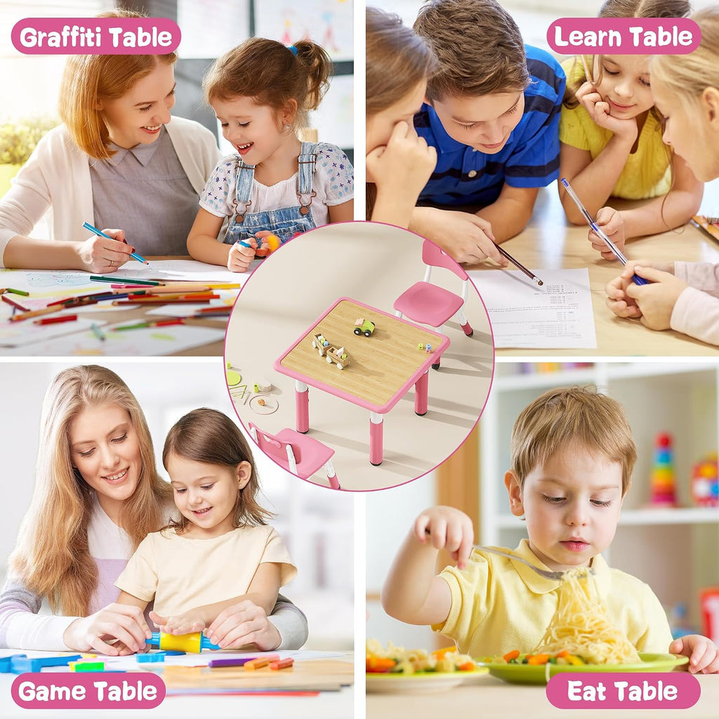 Brelley Height Adjustable Toddler Table and 2 Chairs Set, Pink | Table Supports 280 lbs, Wooden Drawing Activity Desk, Classroom/Daycare/Home, Children Multi-Activity Table for Ages 3-8
