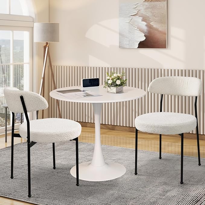 3-Pieces 24" Small Round Dining Table and Dininig Chair Set for 2,MDF Table Top and Heavy Metal Base Leg for Dining Room Apartment Small Space,Boucle Fabric, White