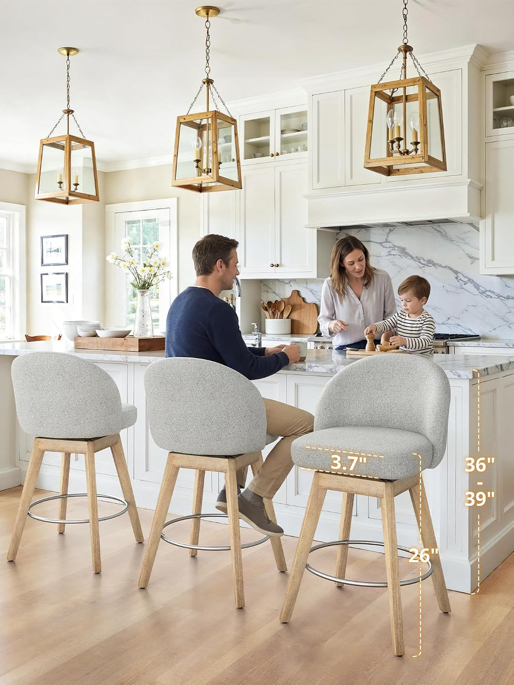 LUE BONA 360° Swivel Bar Stools Set of 4, 26" Wood Legs, Fabric Light Gray