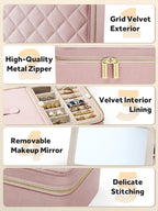 Velvet Travel Jewelry Box with Large Mirror, Double-Layer Jewelry Organizer Case for Women and Girls, Portable Storage Case with 6 Anti-Tarnish Bags Gift Ready for Her (Blush Pink)