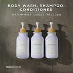 MaisoNovo Shampoo and Conditioner Dispenser - Shower Soap Dispenser Wall Mounted - 16.9 fl oz Set of 3 White Plastic Bottles Bamboo Pump - 3 Chamber No Drill
