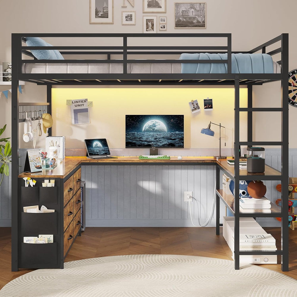 ADORNEVE Loft Bed Full Size with U-Shaped Desk, 6 Drawers, Rustic Brown