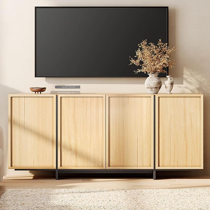 WAMPAT Modern TV Stand for TVs Up to 75", Wooden Entertainment Center TV Console with 4 Door Closed Storage and T-Shaped Wood Legs, Media Console Cabinet for Living Room, Bedroom, Oak