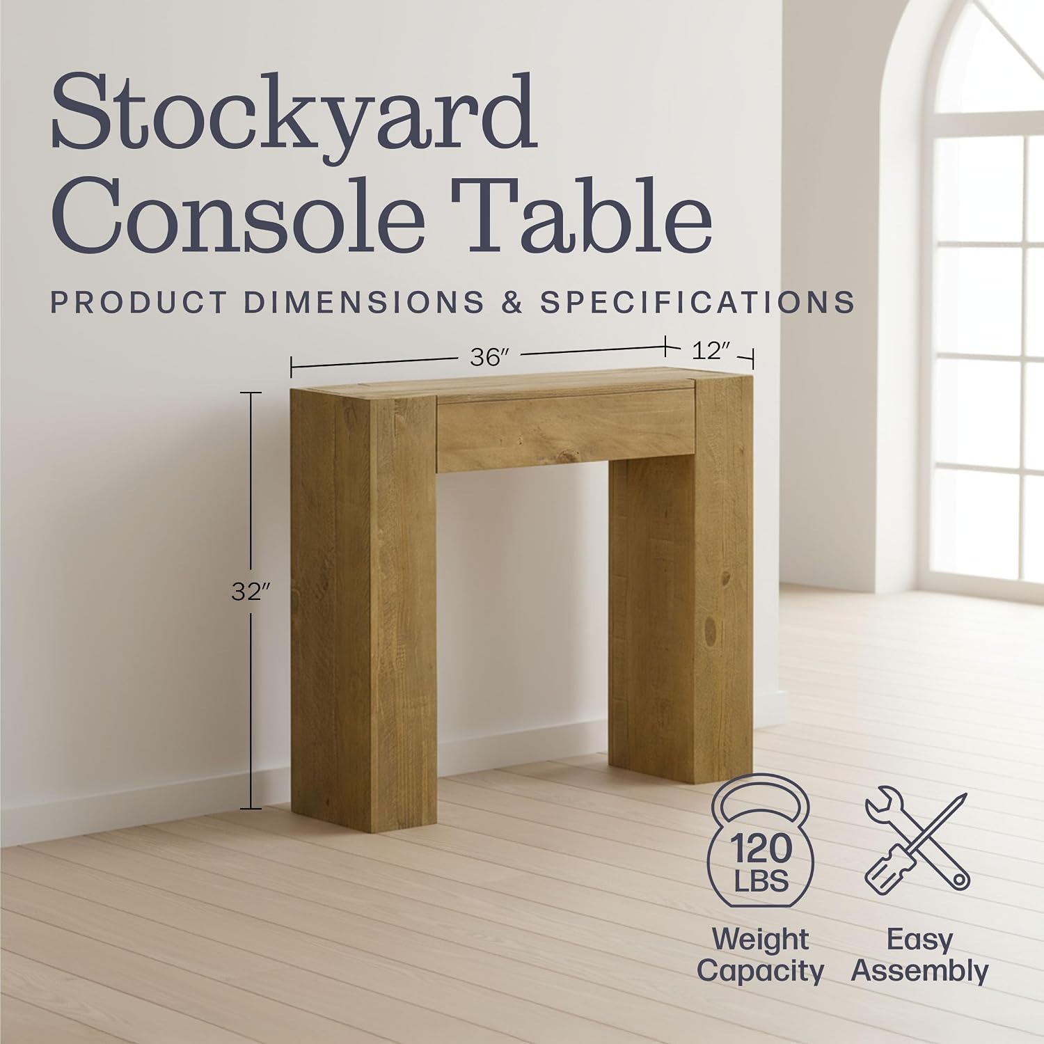 Alaterre Furniture Stockyard Solid Wood Console Table, Oak, 36 Inch | Modern Farmhouse Small Entryway Table, Easy Assembly Living Room Furniture for Behind the Couch Sofa Table, or Hallway