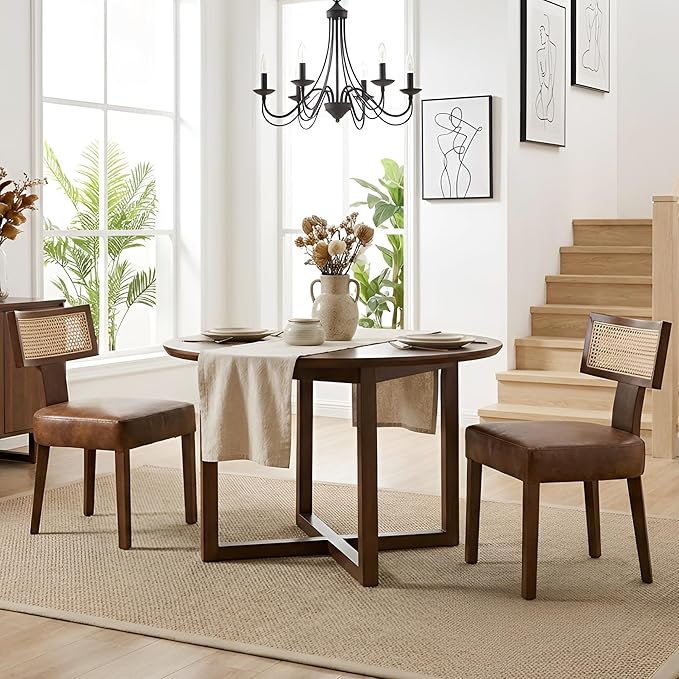 HNY Mid Century Modern Rattan Dining Chairs Set of 2, Farmhouse PU Leather Upholstered Accent Chair Curved Backrest Kitchen Chairs, with Hardwood Frame, Brown