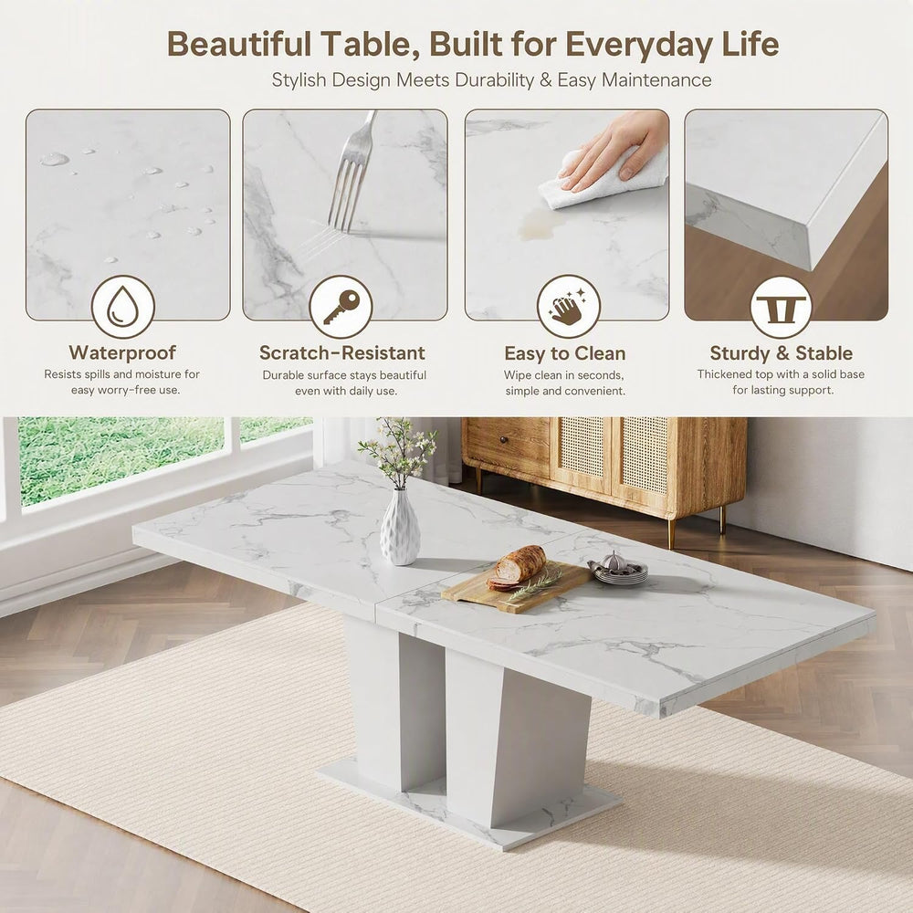 HomVent White Faux Marble Expandable Dining Table Set for 6 | 63"-79&quo...