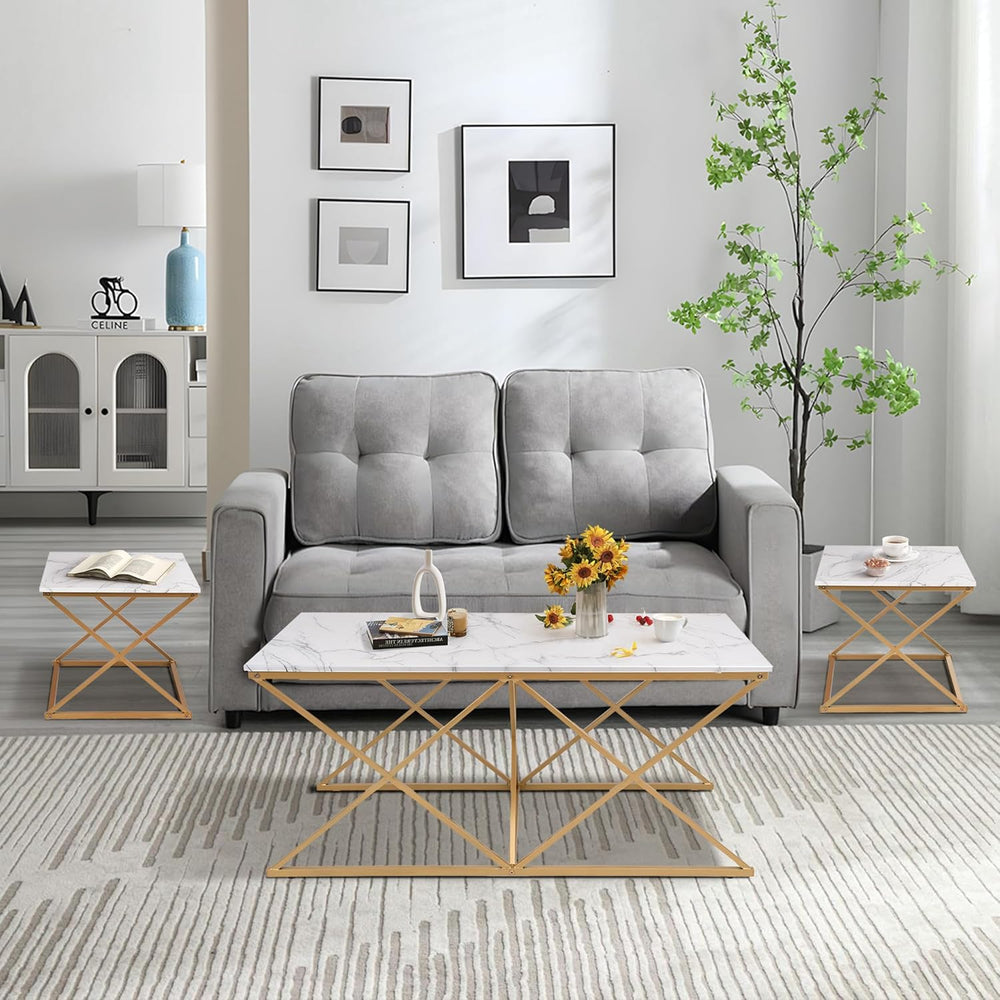 Modern Nesting Coffee Table Set of 3, Faux Marble Top with Golden Frame | Cof...