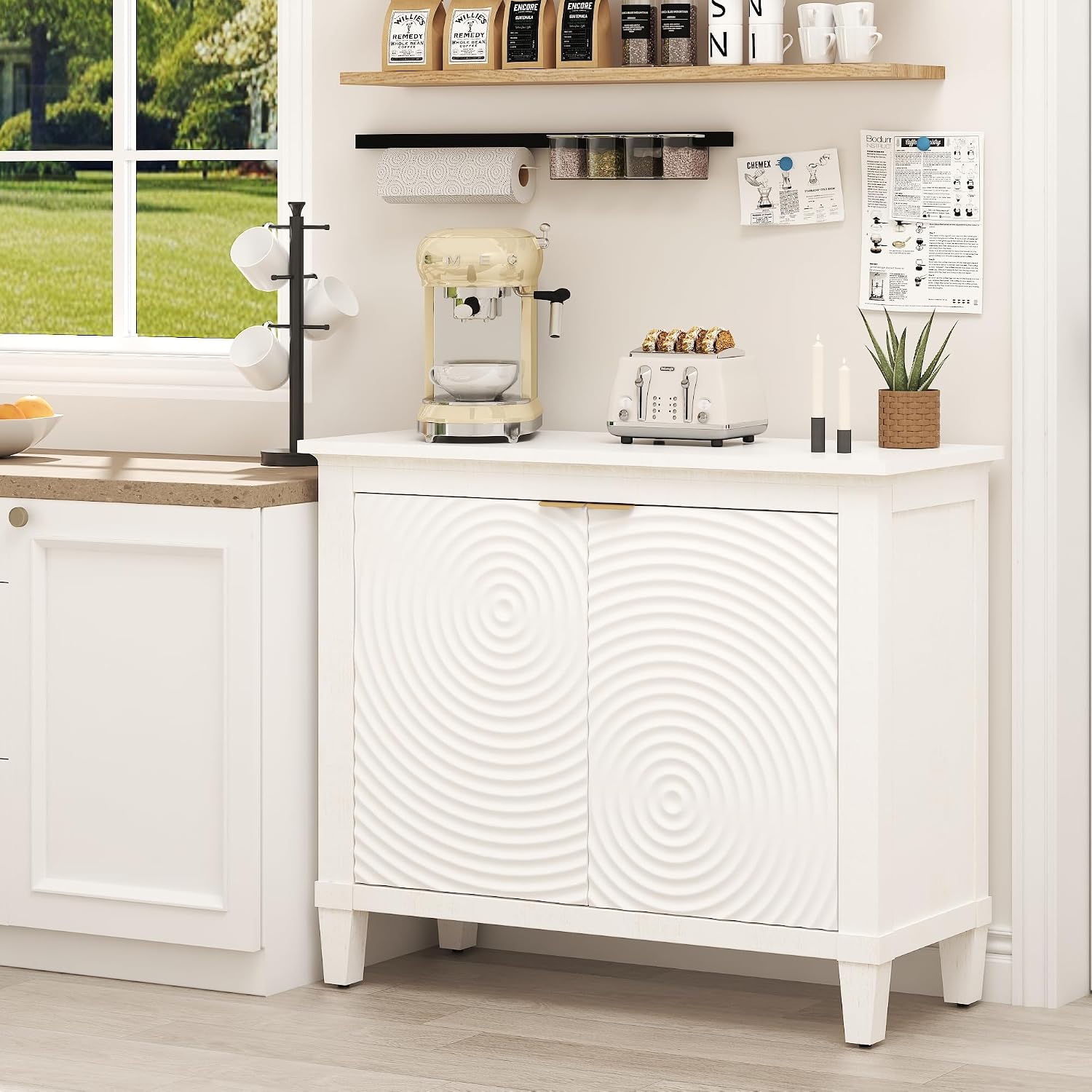 karlott Buffet Cabinet with Storage, Sideboard Accent Cabinet, Annual Ring | Distressed White, Pine Wood Frame, Craft Cabinet with Annual Ring Carved Motif, Sideboard Buffet for Kitchen, Living Room