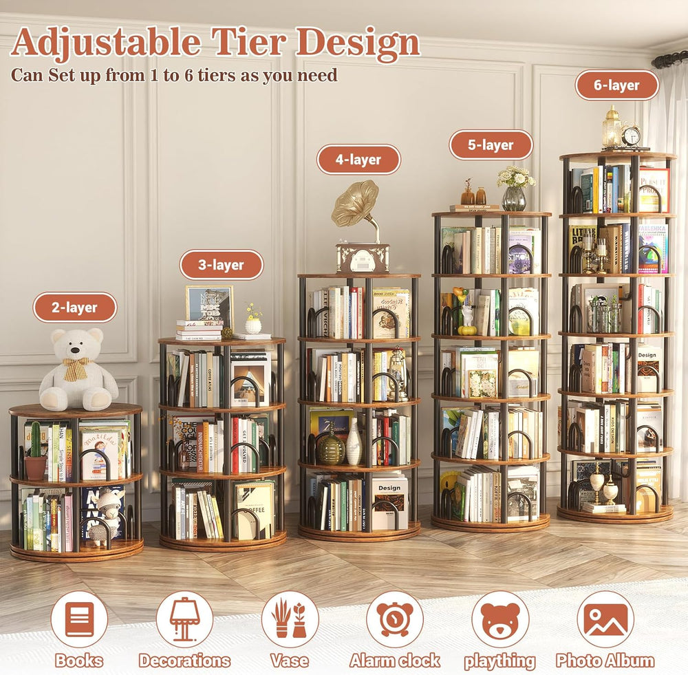 Aheaplus 6 Tier Rotating Bookshelf Tower, Revolving Bookcase, Rustic Brown