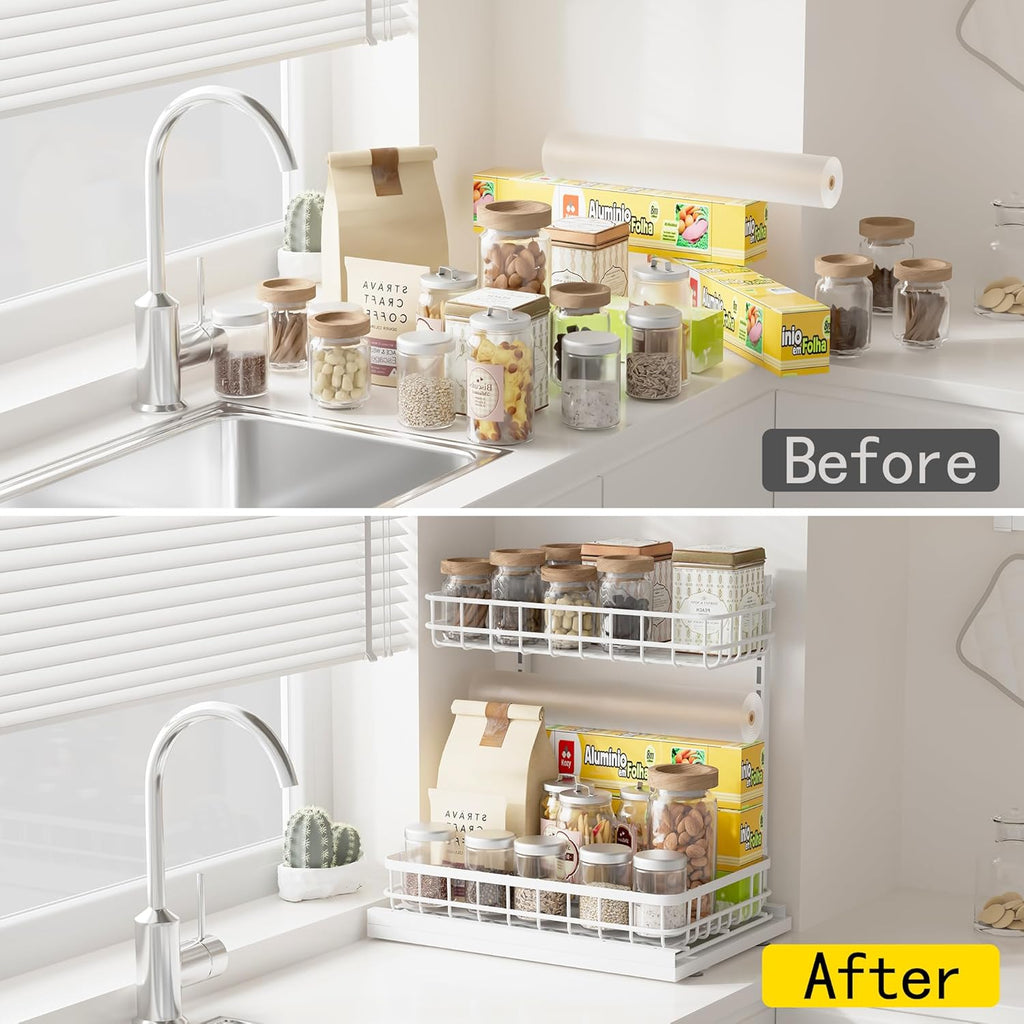 Under Sink Organizer, Adjustable Height Pull-Out Kitchen Storage Organization,15.8" x 11.8" x 16.5", 2-Tier Kitchen Shelf, Bathroom Drawer Organizer, 2 Pack|White