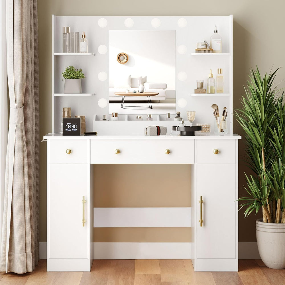 Wodeer Makeup Vanity Desk with Mirror and Lights, 43" White Vanity Set w...