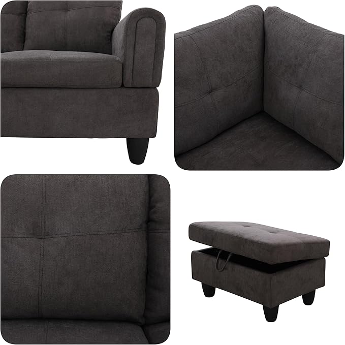 Sectional Couches for Living Room with Movable Chaise & Storage Ottoman - 97.5" Linen L Shaped Couches for Living Room Apartment, 4 Seat Home Furniture Modular Sectional Sofas, Dark Brown