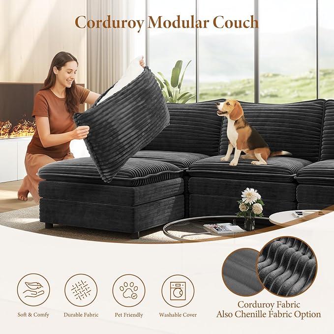 Vesgantti 142" Cloud Couch Sectional Modular Sofa, Comfy Sectional Couch with Ottoman Deep Seat Corduroy L Shaped Sofa, Modular Couches for Living Room, Bedroom and Apartment, Gray