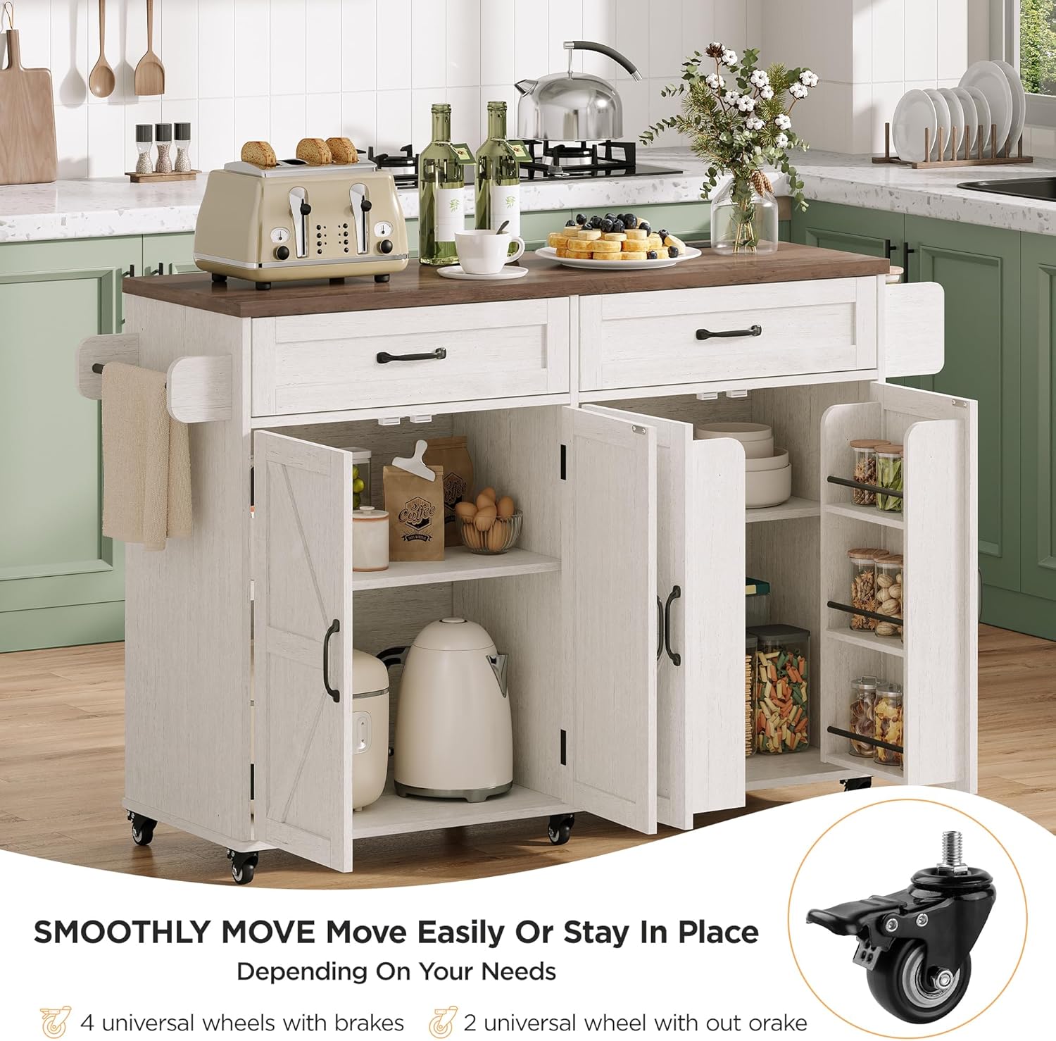 Mobile Kitchen Island, Kitchen Island Cart with 2 Drawers and Charging Station, Island Table for Kitchen, Home Bar Carts with Storage, Kitchen Rolling Island with Spice Rack and Towel Rack,White