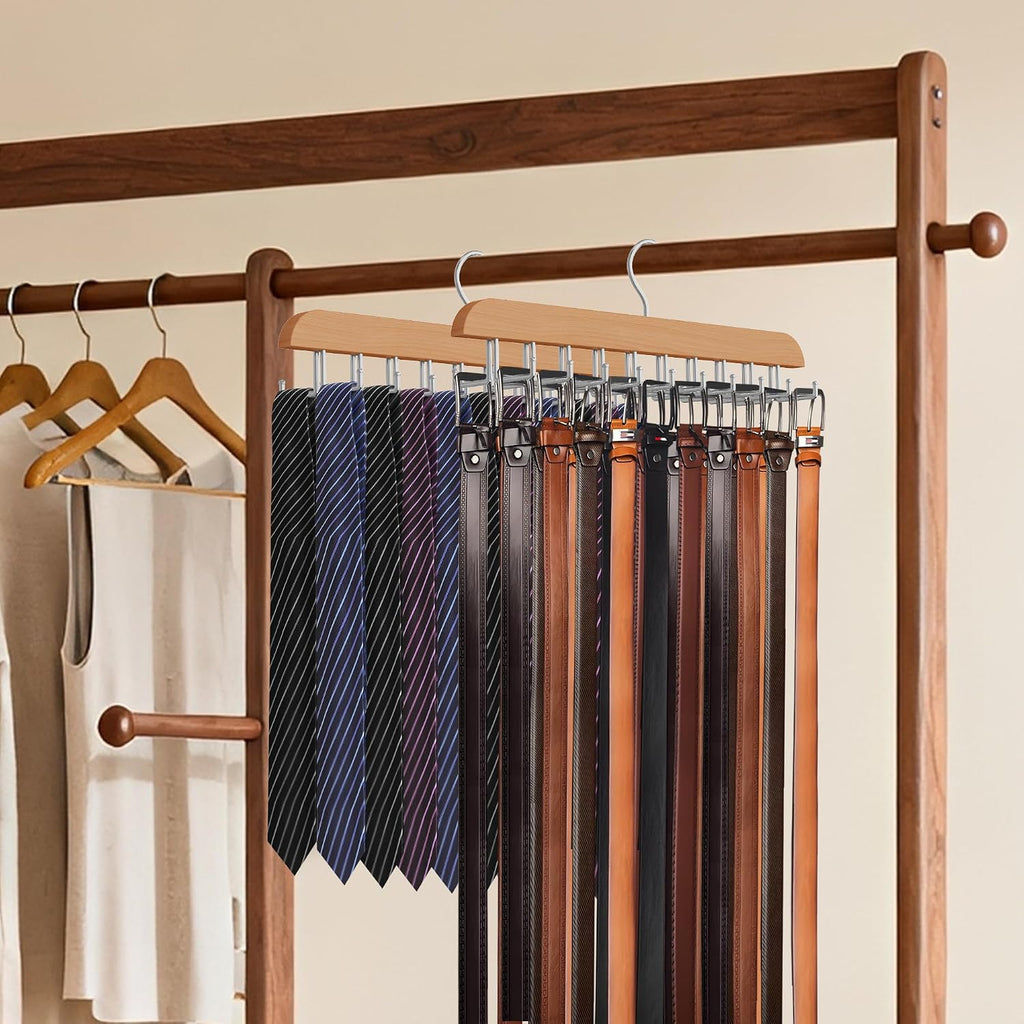 Tie Rack Hanger for Closet, 2 in 1 Belt Tie Hangers with 20 Folding Hooks, 360 Degree Rotating Wooden Tie Holder Organizer for Men Ties Belts Scarves Tank Tops Accessories, Wood (1 Pack)