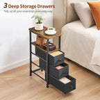 DALEMHOME End Table, Narrow Side Table with 3 Fabric Drawers, Slim Nightstand, Small Bedside Table with Storage, Living Room, Bedroom, Rustic Brown HKET1300BR