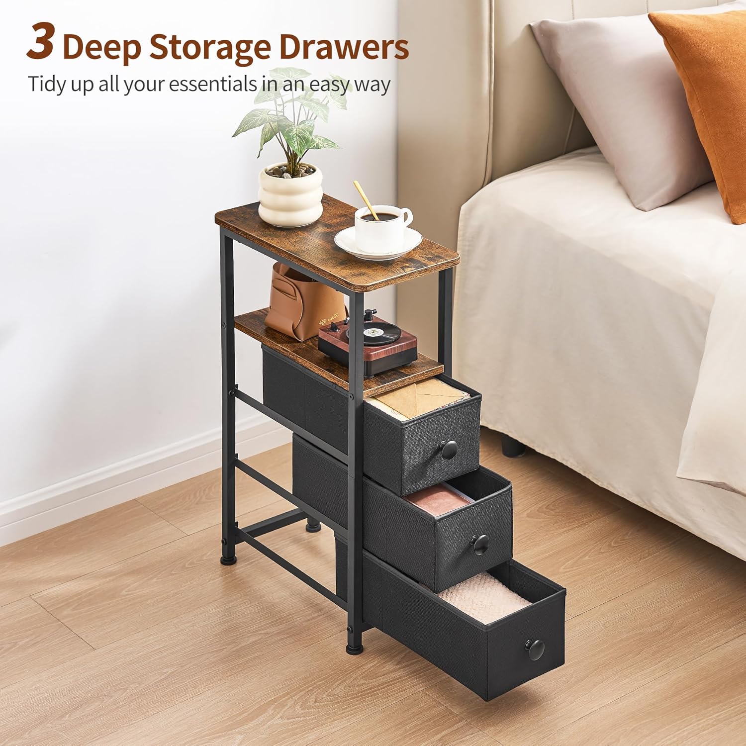 DALEMHOME End Table, Narrow Side Table with 3 Fabric Drawers, Slim Nightstand, Small Bedside Table with Storage, Living Room, Bedroom, Rustic Brown HKET1300BR