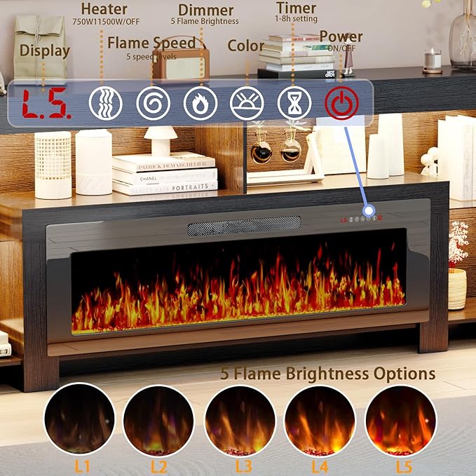 LEMBERI 80 inch Fireplace tv Stand with 50 inch Fireplace Up to 90" TVs,LED Light Entertainment Center and Storage, Modern Wood Media Television Console for Living Room