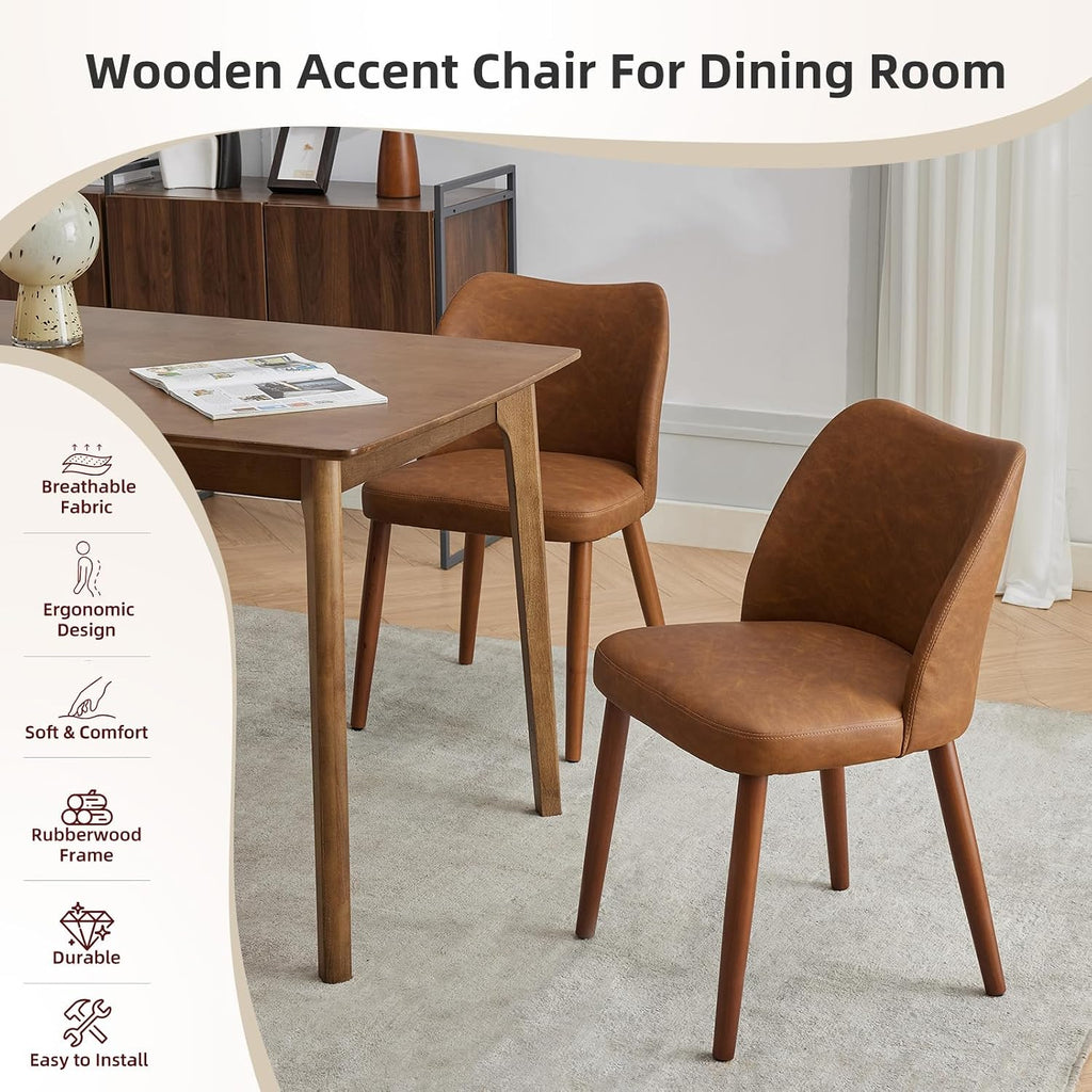 GarveeHome Leather Dining Chairs Set of 4 Upholstered PU Dining Chair with Wood Legs, Wing Backrest, Wooden Kitchen Chairs with Thick Cushions, Leveling Feet for Dining Room, Living Room, Brown