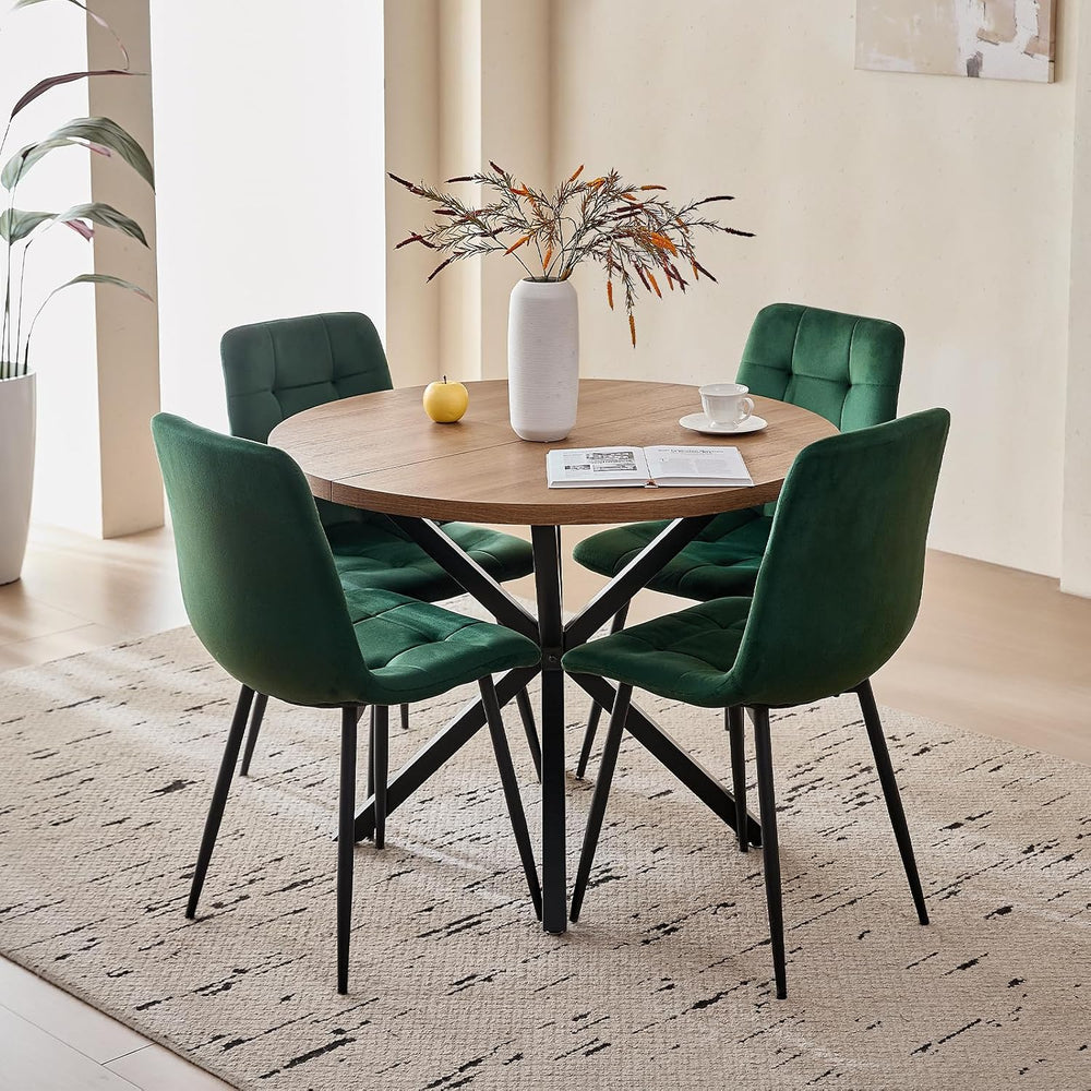 39" Round Dining Table Set for 4(Brown Table+4 Green Chairs) | Mid Centu...
