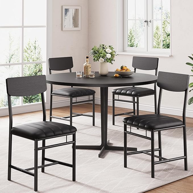 Industrial Dining Chairs Set of 6 - Upholstered Dining Room Chairs with PU Leather, Kitchen Chairs with Wooden Backrest and Thickened Metal Legs, for Dining Room, Living Room (6, Dark Black)