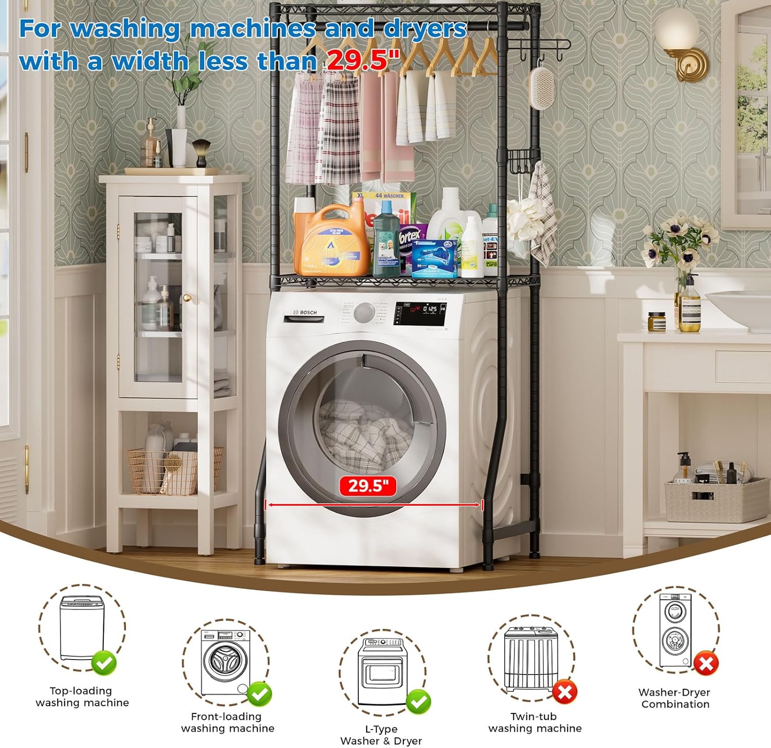 Golpart Over Washer and Dryer Shelves,2 Tier Adjustable Height Wire Shelving Laundry Room Storage Organization Clothes Drying Rack with Hanger Rod&Hooks,Space Saving Organizers Shelf,Black