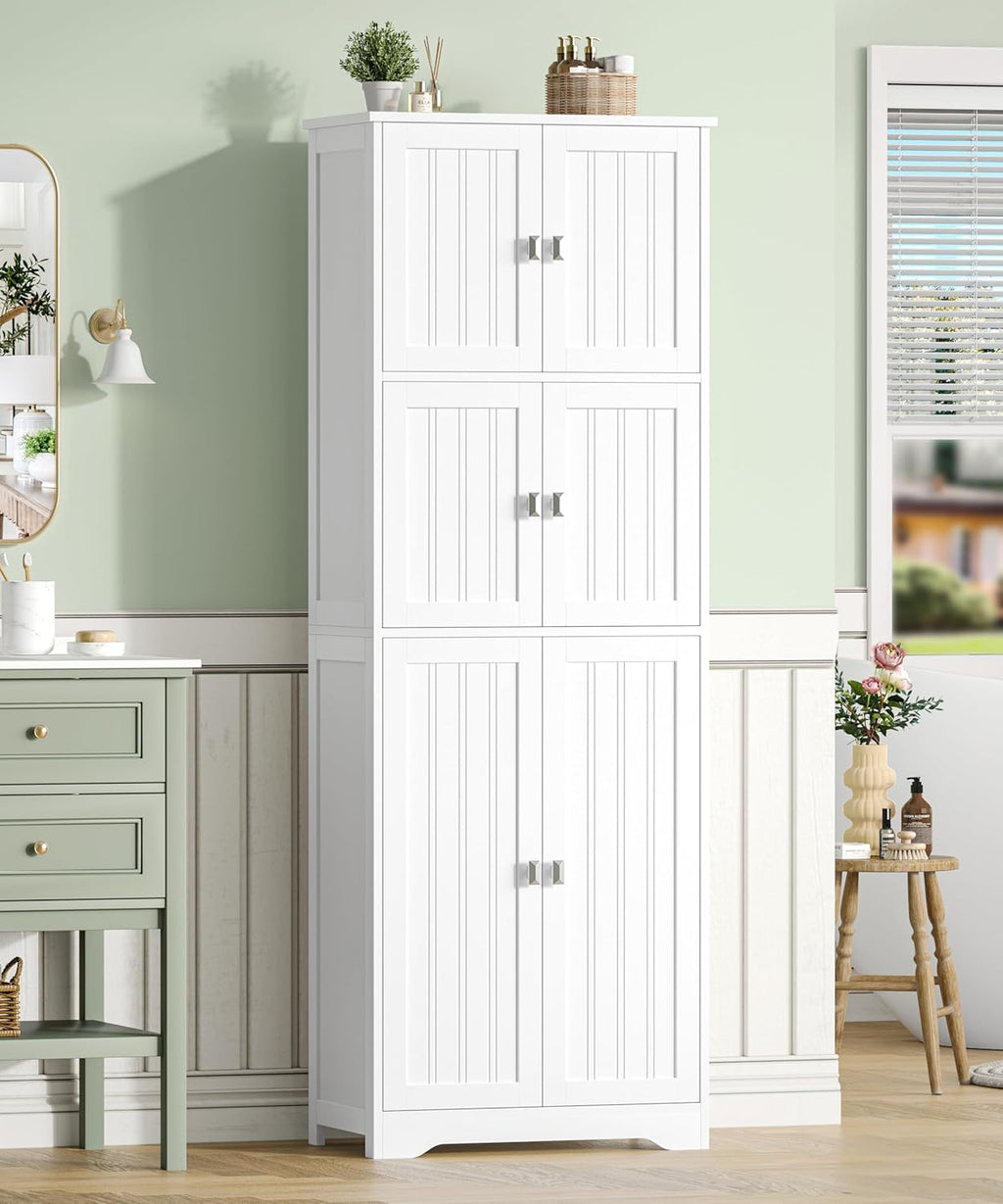 Tall Bathroom Storage Cabinet, 63" H Linen Floor Cabinet | Pantry Storage Cabinet with 6 Doors and Adjustable Shelves, for Bathroom, Living Room, Laundry Room, Kitchen, White