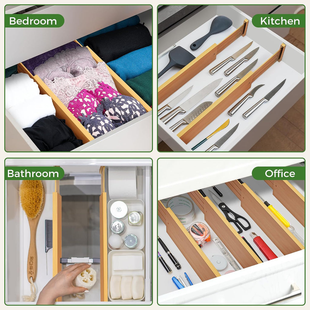 FJO 6 Pack Bamboo Drawer Dividers 4.65" High Adjustable from 17'' to 22'' | Strong Spring Loaded, Expandable Utensil Organizer, Works in Kitchen, Dresser, Closet, Bathroom, Bedroom,Office (Beige)
