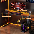 Czlolo 47 Inch Gaming Desk with Power Outlets, L-Shape Leg Computer Desk, Gamer Desk for Small Space, Wtih Cup Holder, Headphone Stand, USB＆ Tpye-C Ports, Carbon Fiber Surface, Black