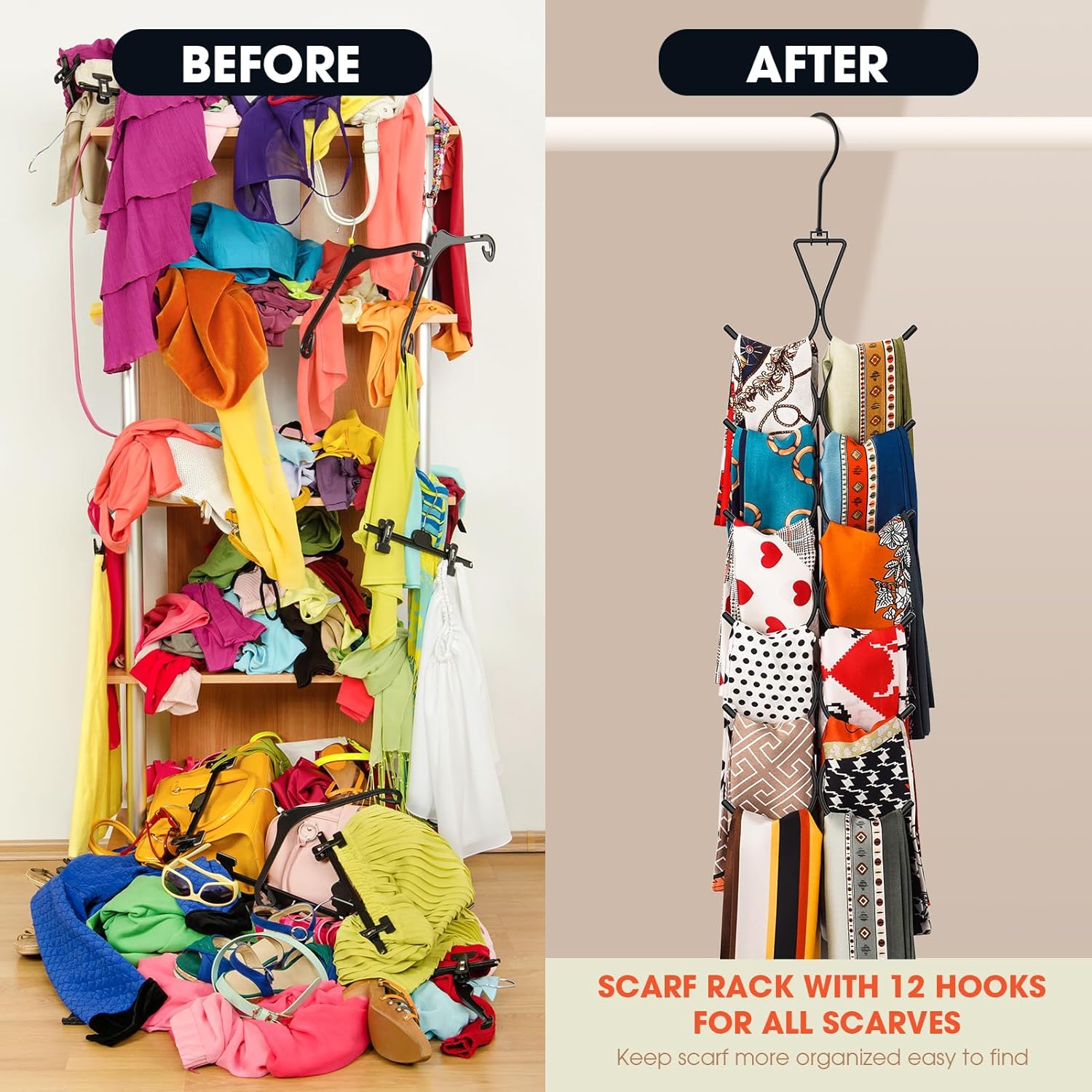 Scarf Hanger 2 Pack 24 Storages,Purse Hanger with 360 Swivel Hook,Scarf Organizer Scarf Hangers for Closet,for Scarves, Shawl,Belt,Purse & Baseball Cap